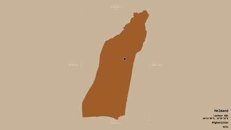 Area of Helmand, province of Afghanistan, isolated on a solid background in a georeferenced bounding box. Labels. Composition of patterned textures. 3D renderingの写真素材