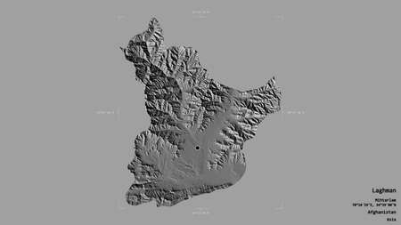 Area of Laghman, province of Afghanistan, isolated on a solid background in a georeferenced bounding box. Labels. Bilevel elevation map. 3D renderingの写真素材