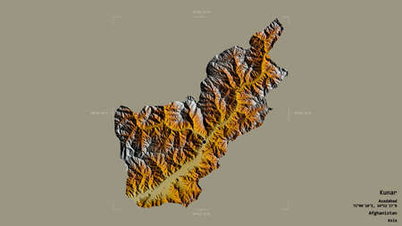 Area of Kunar, province of Afghanistan, isolated on a solid background in a georeferenced bounding box. Labels. Topographic relief map. 3D renderingの写真素材