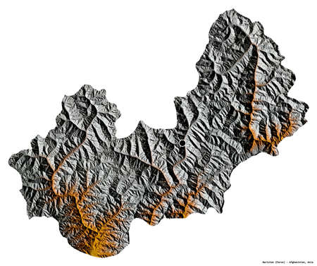 Shape of Nuristan, province of Afghanistan, with its capital isolated on white background. Topographic relief map. 3D renderingの写真素材