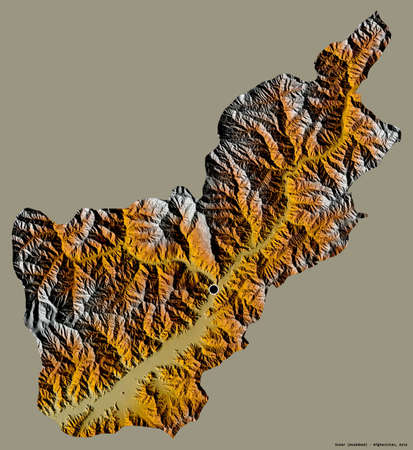 Shape of Kunar, province of Afghanistan, with its capital isolated on a solid color background. Topographic relief map. 3D renderingの写真素材