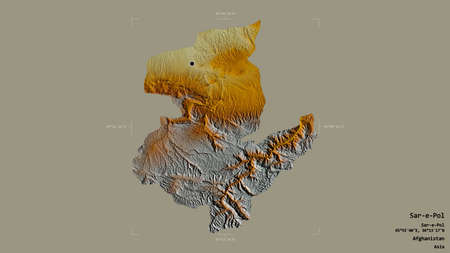 Area of Sar-e-Pol, province of Afghanistan, isolated on a solid background in a georeferenced bounding box. Labels. Topographic relief map. 3D renderingの写真素材