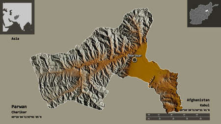 Shape of Parwan, province of Afghanistan, and its capital. Distance scale, previews and labels....