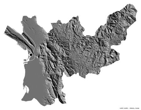 Shape of LezhÃ«, county of Albania, with its capital isolated on white background. Bilevel elevation map. 3D renderingの写真素材