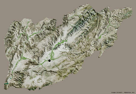 Shape of Urozgan, province of Afghanistan, with its capital isolated on a solid color background....