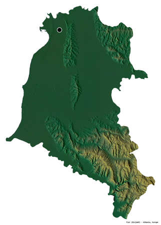 Shape of Fier, county of Albania, with its capital isolated on white background. Topographic relief map. 3D renderingの写真素材