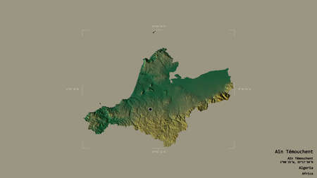 Area of AÃ¯n TÃ©mouchent, province of Algeria, isolated on a solid background in a georeferenced bounding box. Labels. Topographic relief map. 3D renderingの写真素材