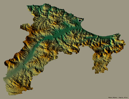 Shape of BÃ©jaÃ¯a, province of Algeria, with its capital isolated on a solid color background. Topographic relief map. 3D renderingの写真素材