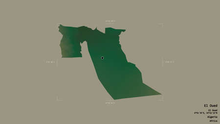 Area of El Oued, province of Algeria, isolated on a solid background in a georeferenced bounding box. Labels. Topographic relief map. 3D renderingの写真素材