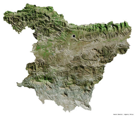 Shape of Bouira, province of Algeria, with its capital isolated on white background. Satellite imagery. 3D renderingの写真素材