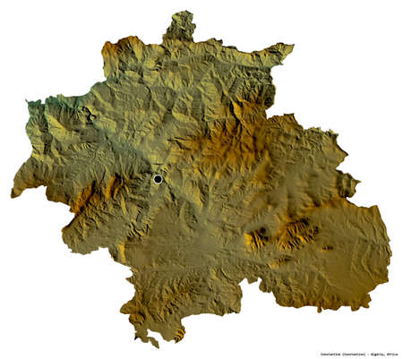 Shape of Constantine, province of Algeria, with its capital isolated on white background. Topographic relief map. 3D renderingの写真素材