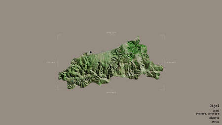 Area of Jijel, province of Algeria, isolated on a solid background in a georeferenced bounding box. Labels. Satellite imagery. 3D renderingの写真素材