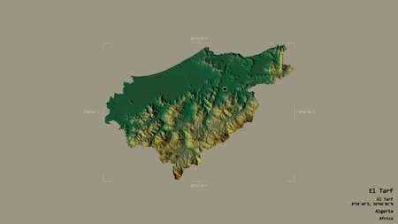 Area of El Tarf, province of Algeria, isolated on a solid background in a georeferenced bounding box. Labels. Topographic relief map. 3D renderingの写真素材