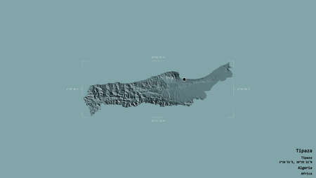 Area of Tipaza, province of Algeria, isolated on a solid background in a georeferenced bounding box. Labels. Colored elevation map. 3D renderingの写真素材