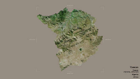 Area of Tlemcen, province of Algeria, isolated on a solid background in a georeferenced bounding box. Labels. Satellite imagery. 3D renderingの写真素材