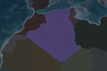 Shape of Algeria separated by the desaturation of neighboring areas. Colored elevation map. 3D renderingの写真素材