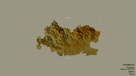 Area of Tissemsilt, province of Algeria, isolated on a solid background in a georeferenced bounding box. Labels. Topographic relief map. 3D renderingの写真素材