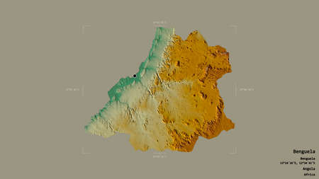 Area of Benguela, province of Angola, isolated on a solid background in a georeferenced bounding box. Labels. Topographic relief map. 3D renderingの写真素材