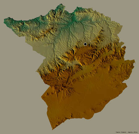 Shape of Tlemcen, province of Algeria, with its capital isolated on a solid color background. Topographic relief map. 3D renderingの写真素材