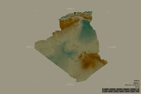 Area of Algeria isolated on a solid background in a georeferenced bounding box. Main regional division, distance scale, labels. Topographic relief map. 3D renderingの写真素材