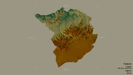 Area of Tlemcen, province of Algeria, isolated on a solid background in a georeferenced bounding box. Labels. Topographic relief map. 3D renderingの写真素材