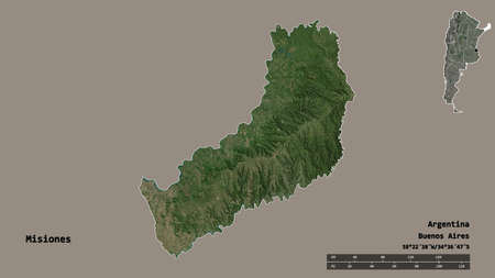 Shape of Misiones, province of Argentina, with its capital isolated on solid background. Distance scale, region preview and labels. Satellite imagery. 3D renderingの写真素材