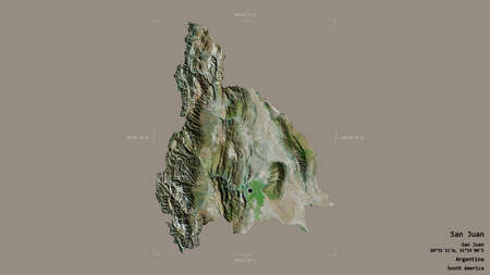 Area of San Juan, province of Argentina, isolated on a solid background in a georeferenced bounding box. Labels. Satellite imagery. 3D renderingの写真素材