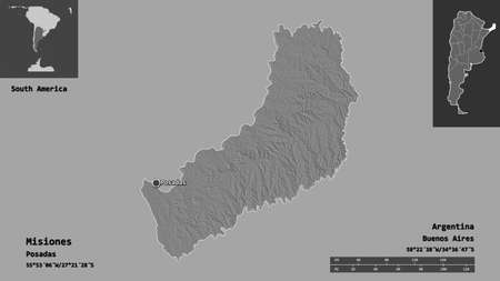 Shape of Misiones, province of Argentina, and its capital. Distance scale, previews and labels. Bilevel elevation map. 3D renderingの写真素材