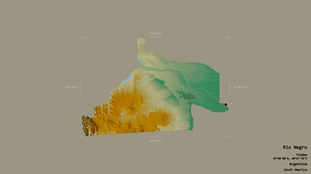 Area of RÃ­o Negro, province of Argentina, isolated on a solid background in a georeferenced bounding box. Labels. Topographic relief map. 3D renderingの写真素材