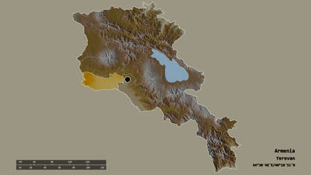 Desaturated shape of Armenia with its capital, main regional division and the separated Armavir area. Labels. Topographic relief map. 3D renderingの写真素材