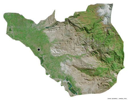 Shape of Ararat, province of Armenia, with its capital isolated on white background. Satellite imagery. 3D renderingの写真素材