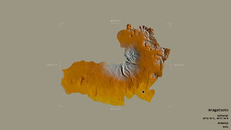 Area of Aragatsotn, province of Armenia, isolated on a solid background in a georeferenced bounding box. Labels. Topographic relief map. 3D renderingの写真素材