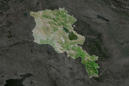 Shape of Armenia separated by the desaturation of neighboring areas. Borders. Satellite imagery. 3D renderingの写真素材