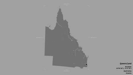 Area of Queensland, state of Australia, isolated on a solid background in a georeferenced bounding box. Labels. Bilevel elevation map. 3D renderingの写真素材
