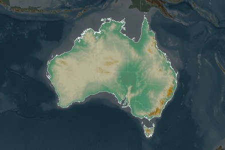 Shape of Australia separated by the desaturation of neighboring areas. Borders. Topographic relief...
