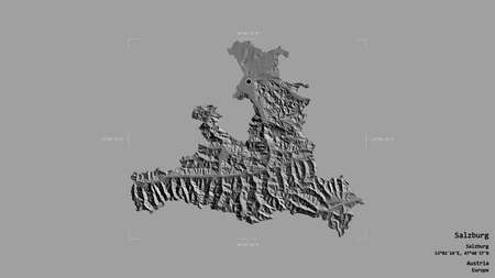 Area of Salzburg, state of Austria, isolated on a solid background in a georeferenced bounding box. Labels. Bilevel elevation map. 3D renderingの写真素材