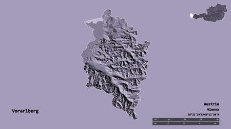 Shape of Vorarlberg, state of Austria, with its capital isolated on solid background. Distance...