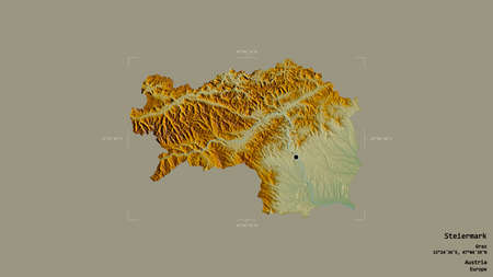 Area of Steiermark, state of Austria, isolated on a solid background in a georeferenced bounding box. Labels. Topographic relief map. 3D renderingの写真素材