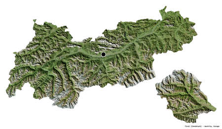 Shape of Tirol, state of Austria, with its capital isolated on white background. Satellite imagery. 3D renderingの写真素材