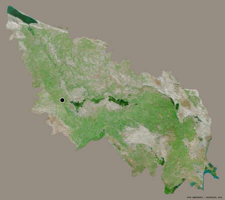 Shape of Aran, region of Azerbaijan, with its capital isolated on a solid color background. Satellite imagery. 3D renderingの写真素材