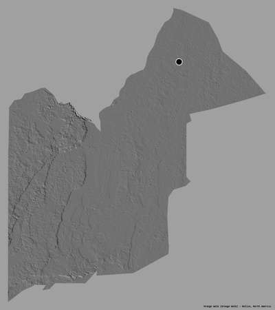 Shape of Orange Walk, district of Belize, with its capital isolated on a solid color background. Bilevel elevation map. 3D renderingの写真素材