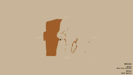 Area of Belize, district of Belize, isolated on a solid background in a georeferenced bounding box. Labels. Composition of patterned textures. 3D renderingの写真素材