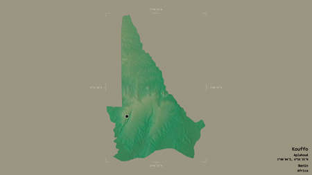 Area of Kouffo, department of Benin, isolated on a solid background in a georeferenced bounding box. Labels. Topographic relief map. 3D renderingの写真素材
