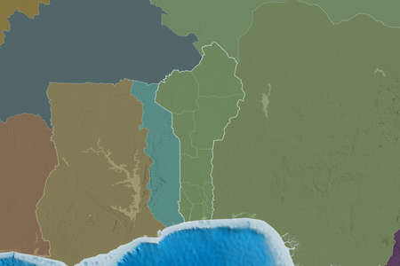 Extended area of Benin with country outline, international and regional borders. Colored elevation...