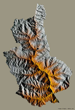 Shape of Trongsa, district of Bhutan, with its capital isolated on a solid color background. Topographic relief map. 3D renderingの写真素材