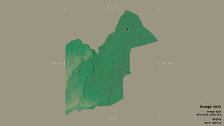 Area of Orange Walk, district of Belize, isolated on a solid background in a georeferenced bounding box. Labels. Topographic relief map. 3D renderingの写真素材