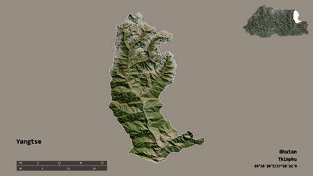 Shape of Yangtse, district of Bhutan, with its capital isolated on solid background. Distance scale,...