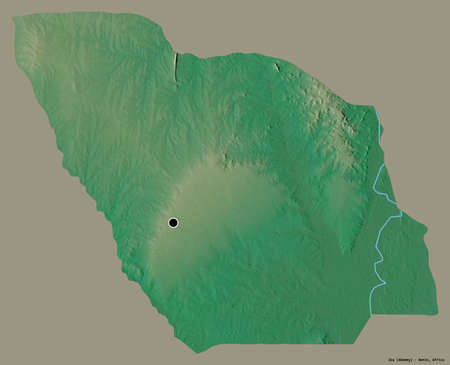 Shape of Zou, department of Benin, with its capital isolated on a solid color background. Topographic relief map. 3D renderingの写真素材