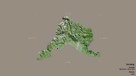 Area of Sarpang, district of Bhutan, isolated on a solid background in a georeferenced bounding box. Labels. Satellite imagery. 3D renderingの写真素材
