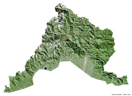 Shape of Sarpang, district of Bhutan, with its capital isolated on white background. Satellite imagery. 3D renderingの写真素材